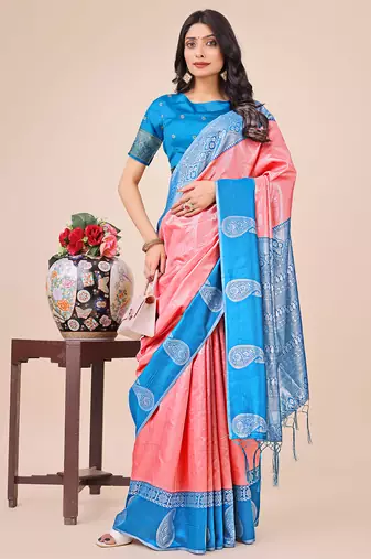 peach color woven lichi art silk blend saree with blouse