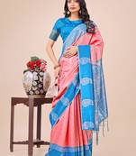 peach color woven lichi art silk blend saree with blouse