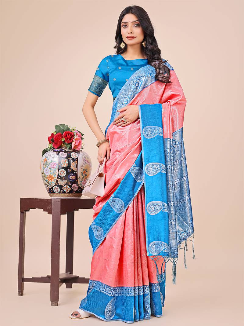 peach color woven lichi art silk blend saree with blouse