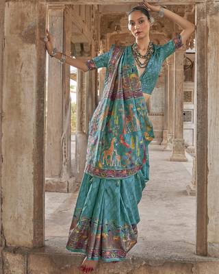 Sea green soft silk madhubani art printed saree 1
