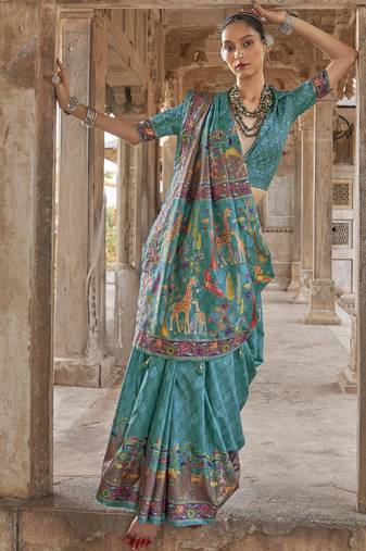 Sea green soft silk madhubani art printed saree