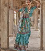 Sea green soft silk madhubani art printed saree