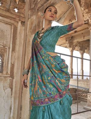 Sea green soft silk madhubani art printed saree 2