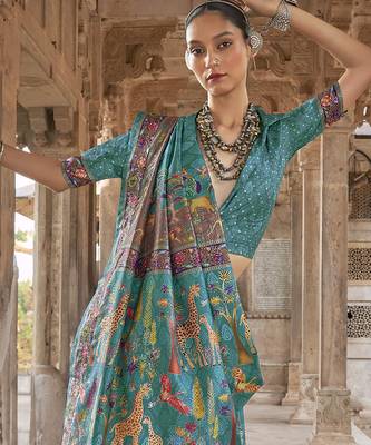 Sea green soft silk madhubani art printed saree 3