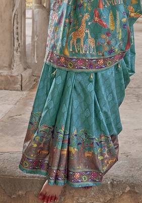 Sea green soft silk madhubani art printed saree 4