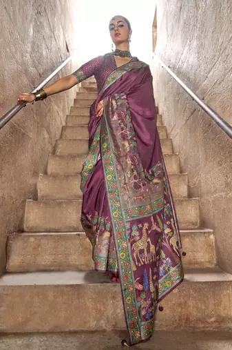 wine soft silk blend madhubani art printed saree