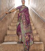 wine soft silk blend madhubani art printed saree