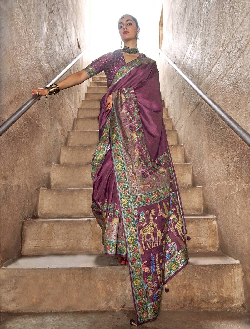 wine soft silk blend madhubani art printed saree