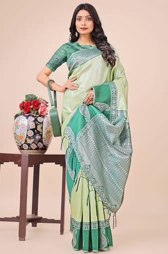 light green color woven lichi art silk blend saree with blouse