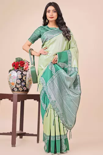 light green color woven lichi art silk blend saree with blouse