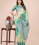 light green color woven lichi art silk blend saree with blouse