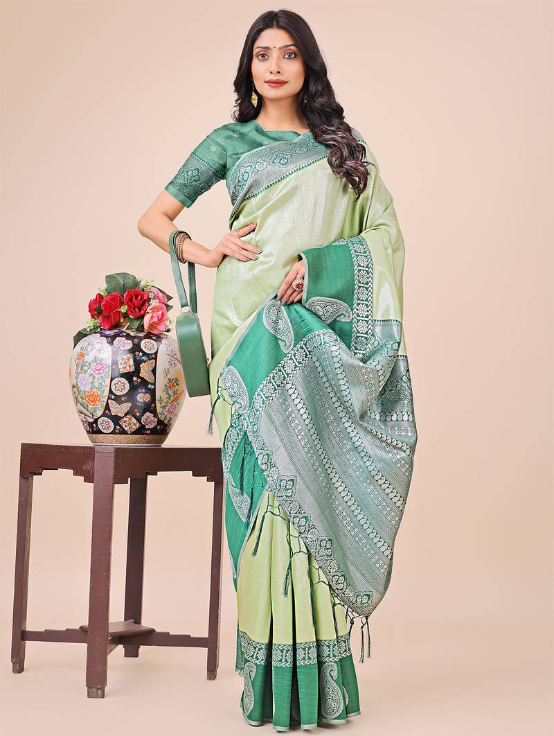 light green color woven lichi art silk blend saree with blouse