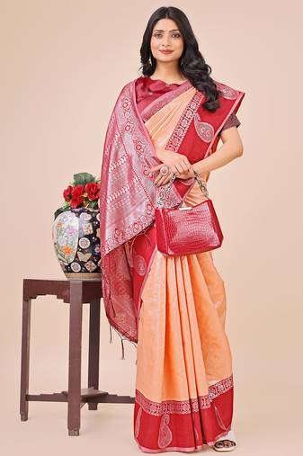 peach color woven lichi art silk blend saree with blouse