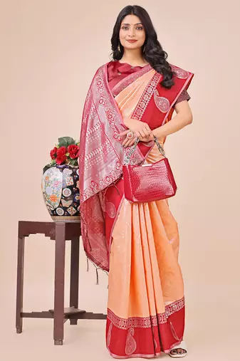 peach color woven lichi art silk blend saree with blouse