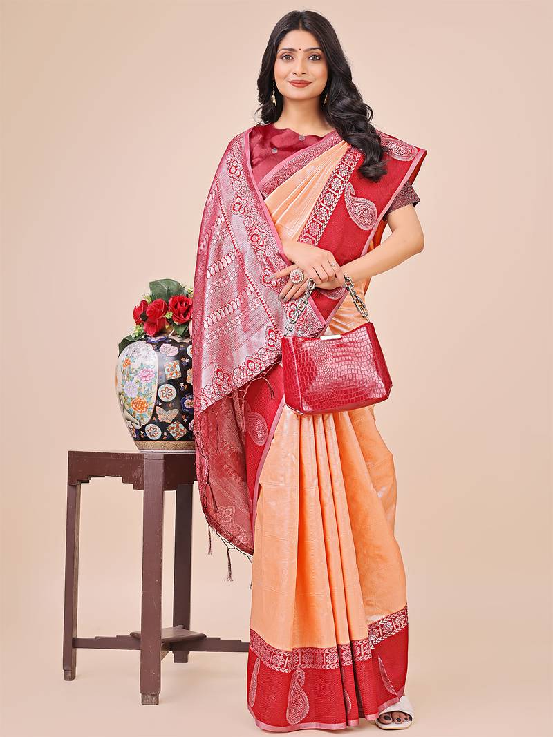 peach color woven lichi art silk blend saree with blouse