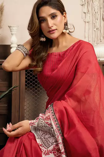 Red digital printed linen ready to wear designer saree with unstitched blouse