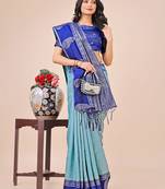 teal color woven lichi art silk blend saree with blouse