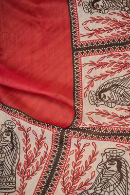 Red digital printed linen ready to wear designer saree with unstitched blouse 8