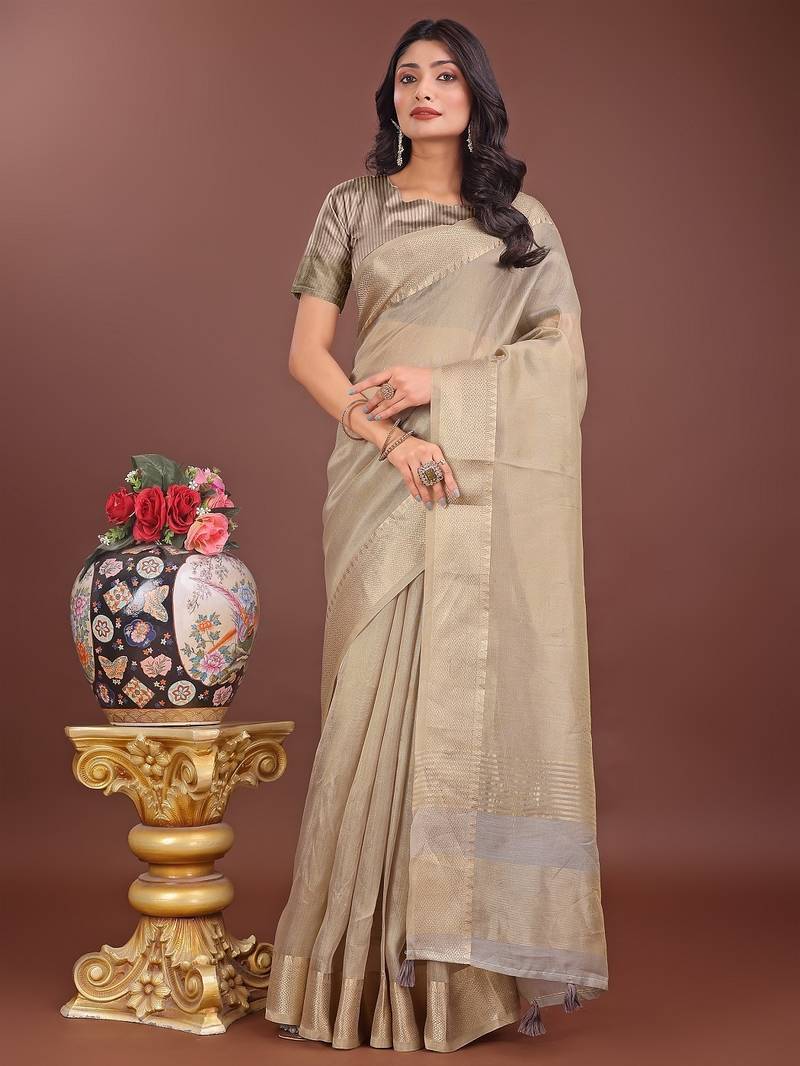 beige color zari border orgenza saree with blouse