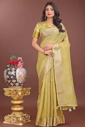 mehandi greeb color zari border orgenza saree with blouse