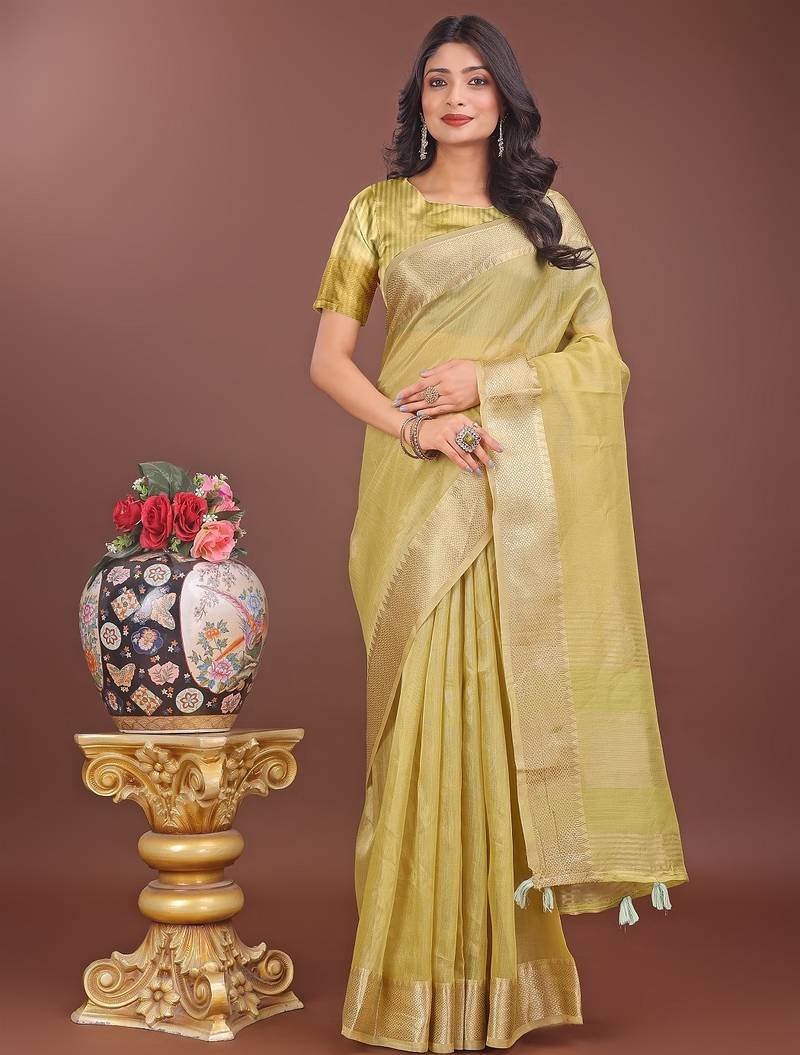 mehandi greeb color zari border orgenza saree with blouse