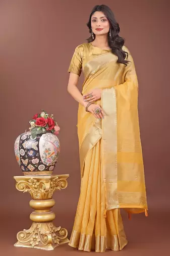 yellow color zari border orgenza saree with blouse