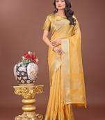 yellow color zari border orgenza saree with blouse