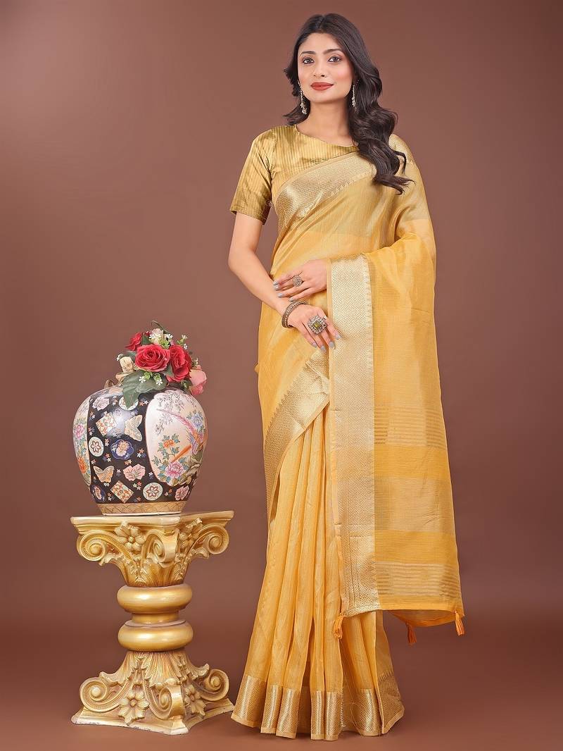 yellow color zari border orgenza saree with blouse