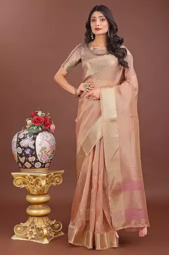 peach color zari border orgenza saree with blouse