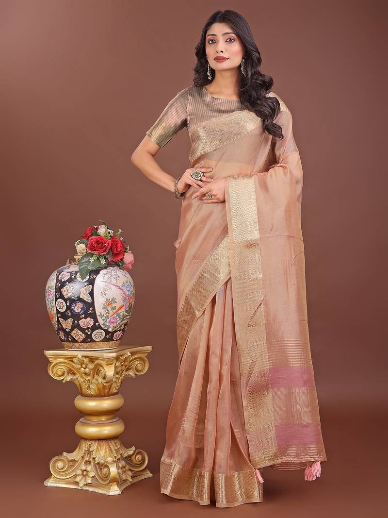 peach color zari border orgenza saree with blouse