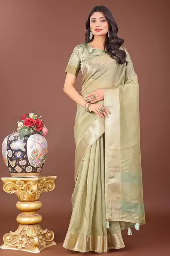 light green color zari border orgenza saree with blouse