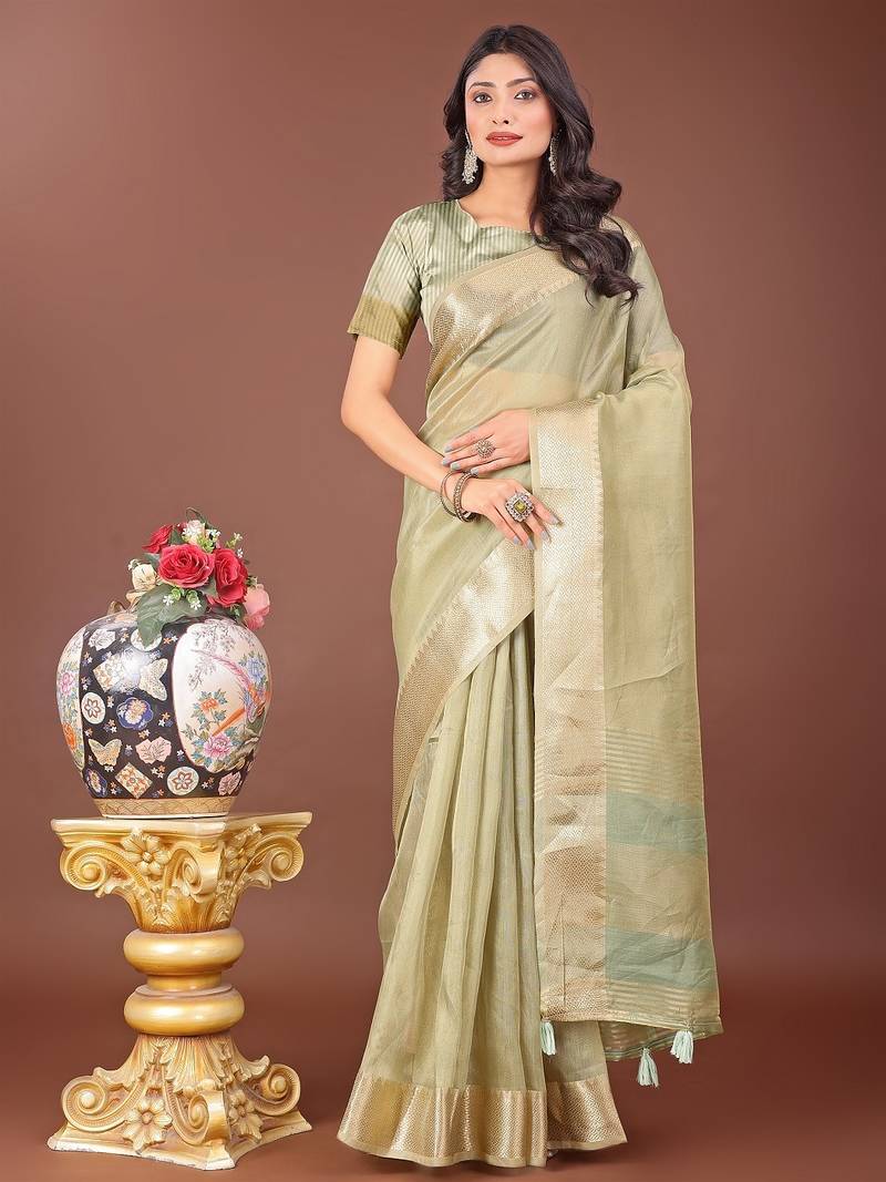 light green color zari border orgenza saree with blouse
