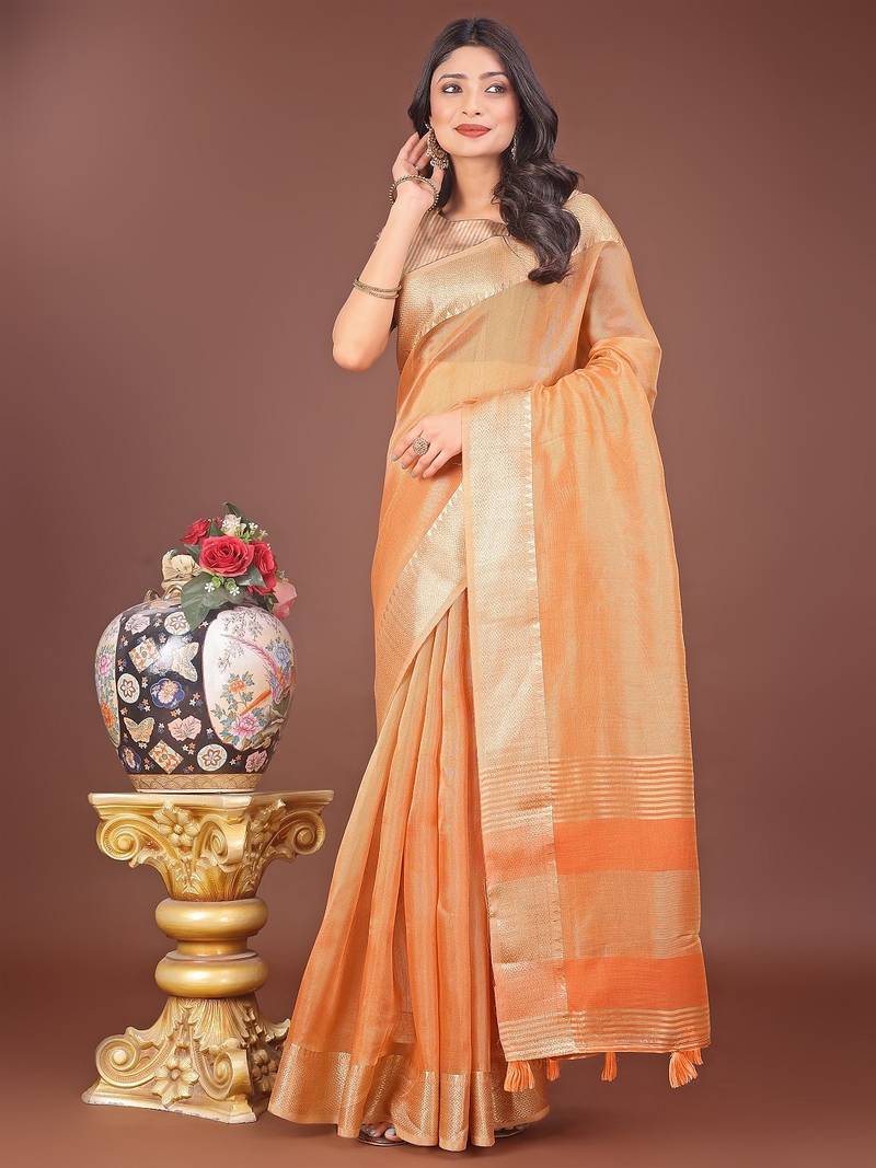 orange color zari border orgenza saree with blouse