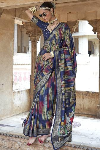 navy blue soft silk blend woven patola printed saree