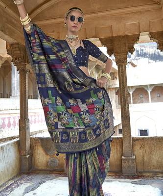 navy blue soft silk blend woven patola printed saree 2