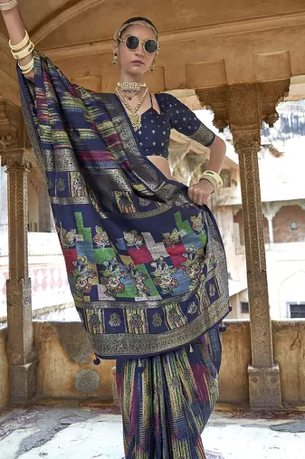 navy blue soft silk blend woven patola printed saree