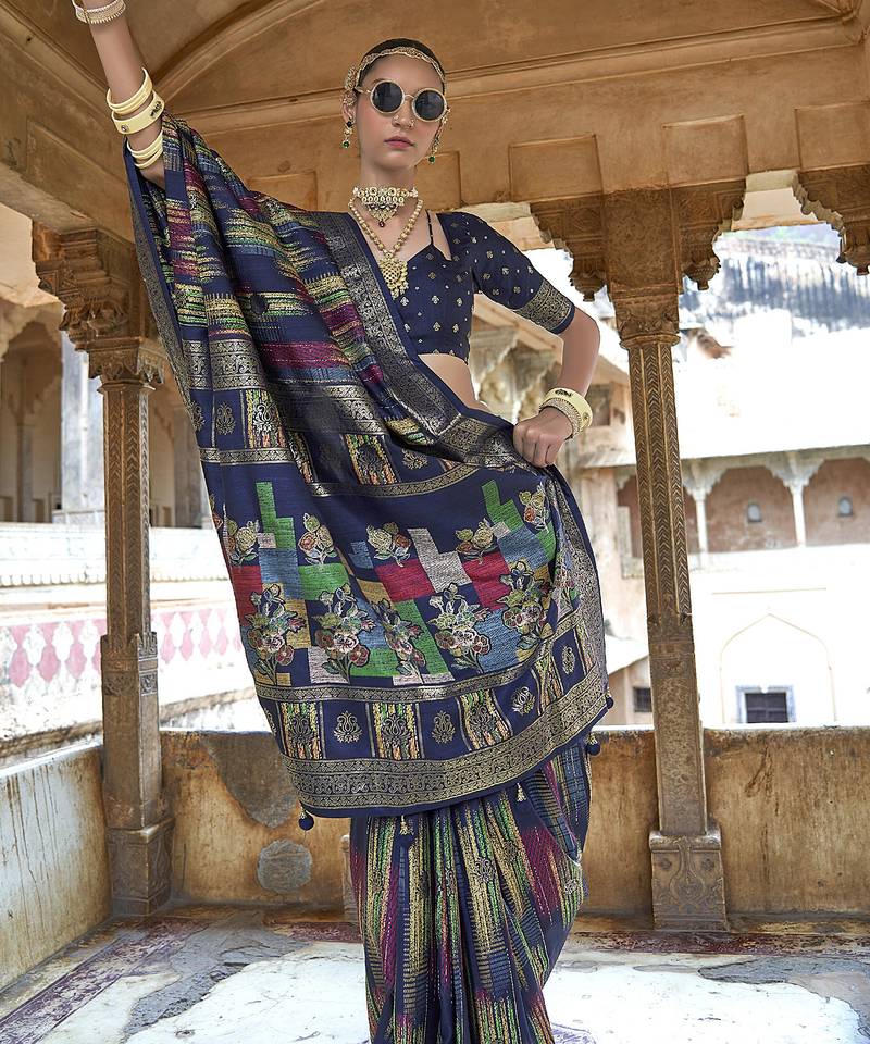 navy blue soft silk blend woven patola printed saree