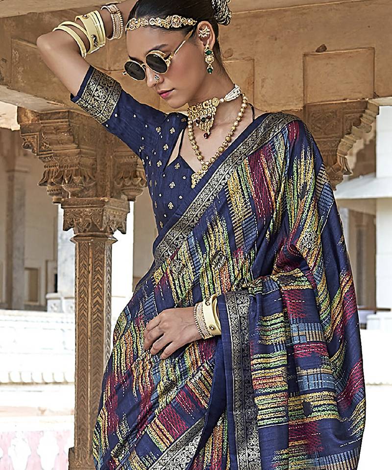 navy blue soft silk blend woven patola printed saree