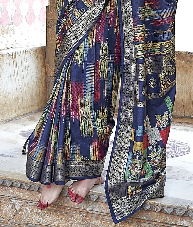 navy blue soft silk blend woven patola printed saree
