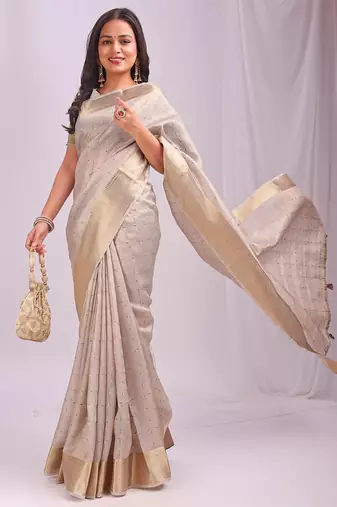 cream color cheks zari border orgenza saree with blouse