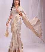 cream color cheks zari border orgenza saree with blouse