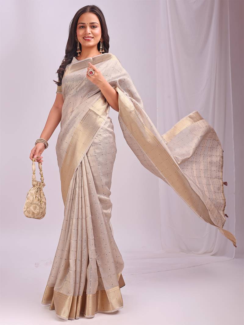 cream color cheks zari border orgenza saree with blouse
