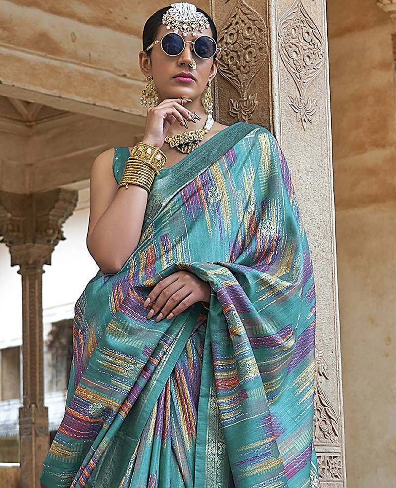 teal green soft silk blend woven patola printed saree