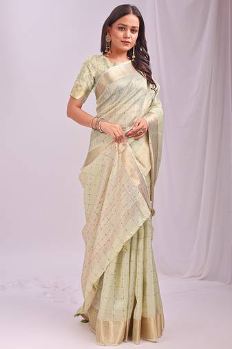 light green color cheks zari border orgenza saree with blouse