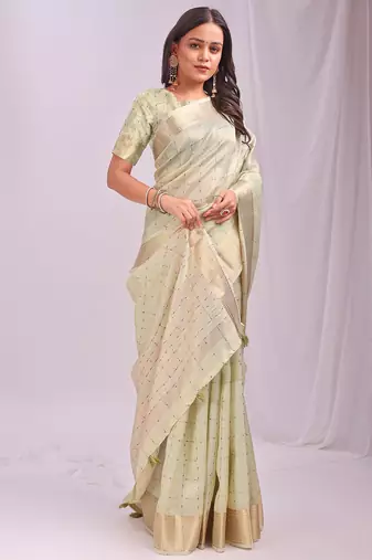 light green color cheks zari border orgenza saree with blouse