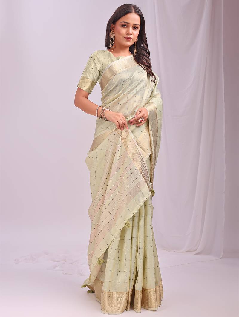 light green color cheks zari border orgenza saree with blouse