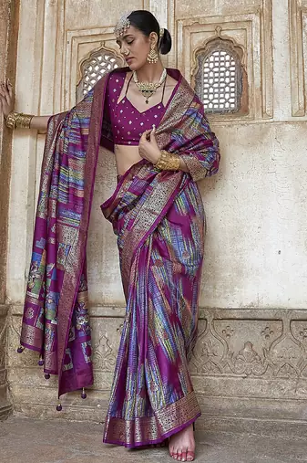 maroon soft silk blend woven patola printed saree