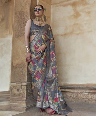 grey soft silk blend woven patola printed saree 1