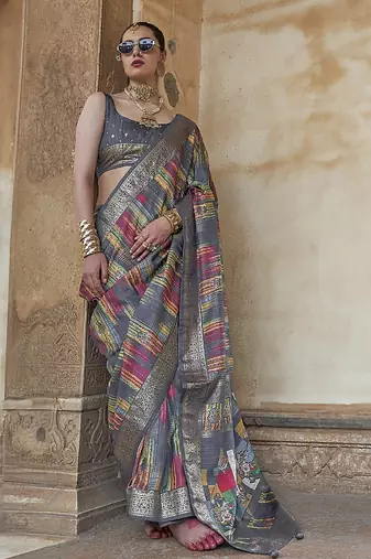 grey soft silk blend woven patola printed saree