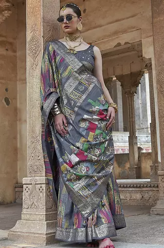 grey soft silk blend woven patola printed saree